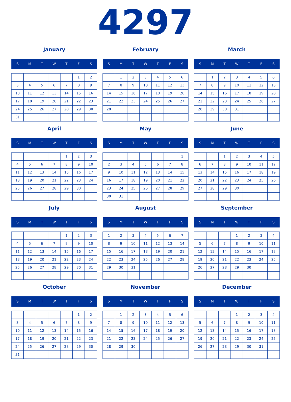 Printable 4297 Year Calendars smalt