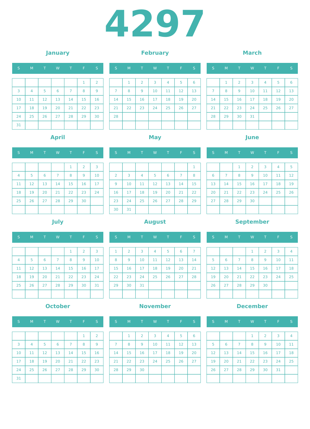 Printable 4297 Year Calendars verdigris