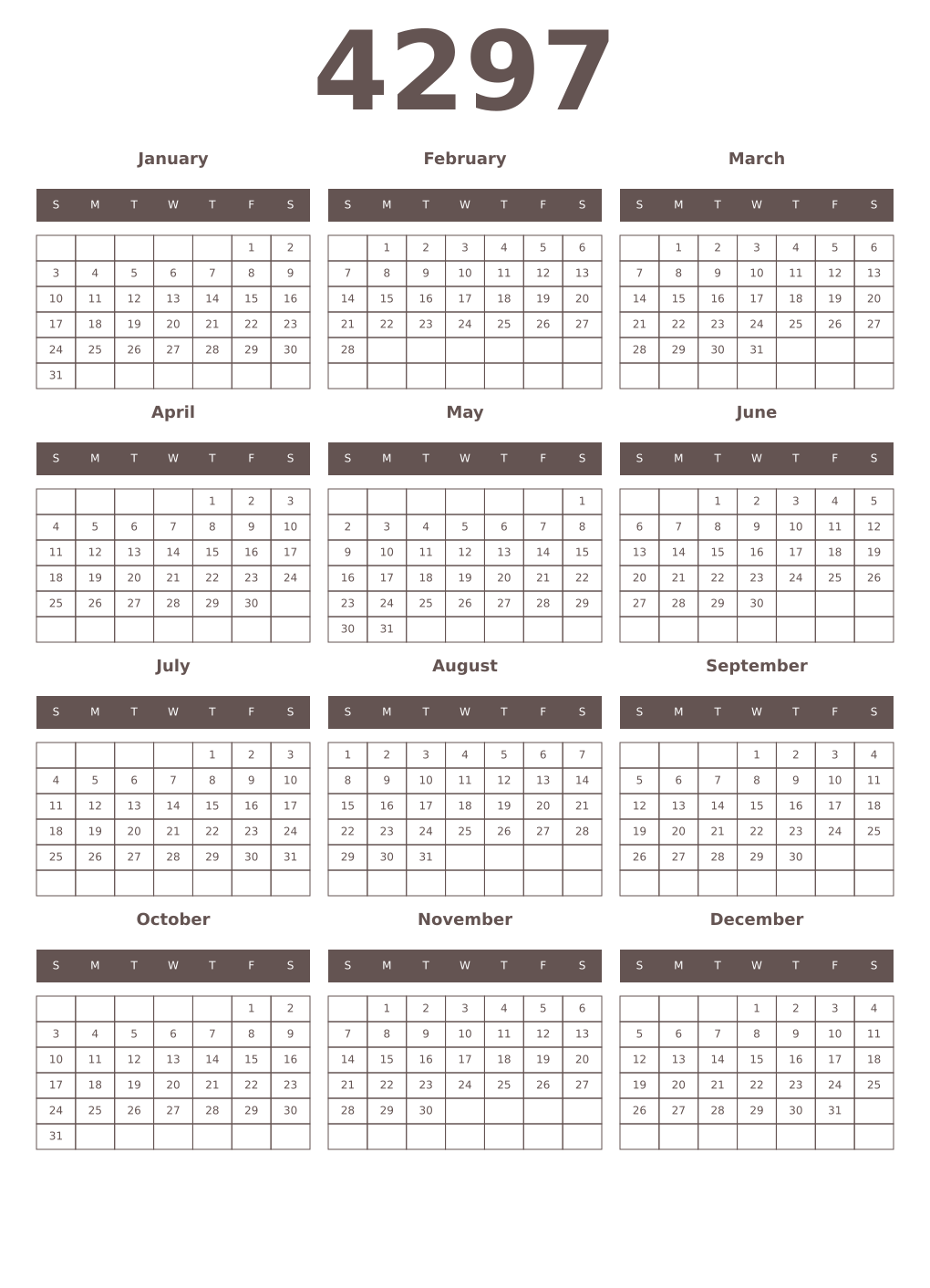 Printable 4297 Year Calendars wenge