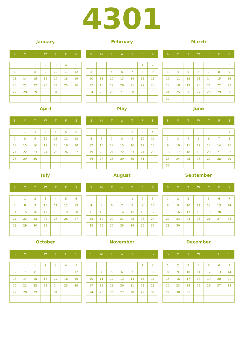 Printable 4301 Year Calendars chartreuse