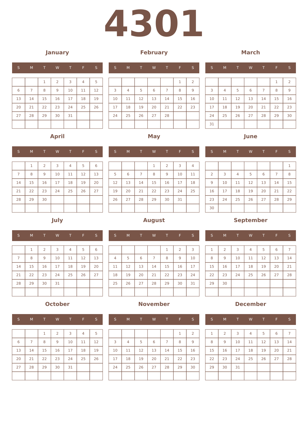 Printable 4301 Year Calendars coffe