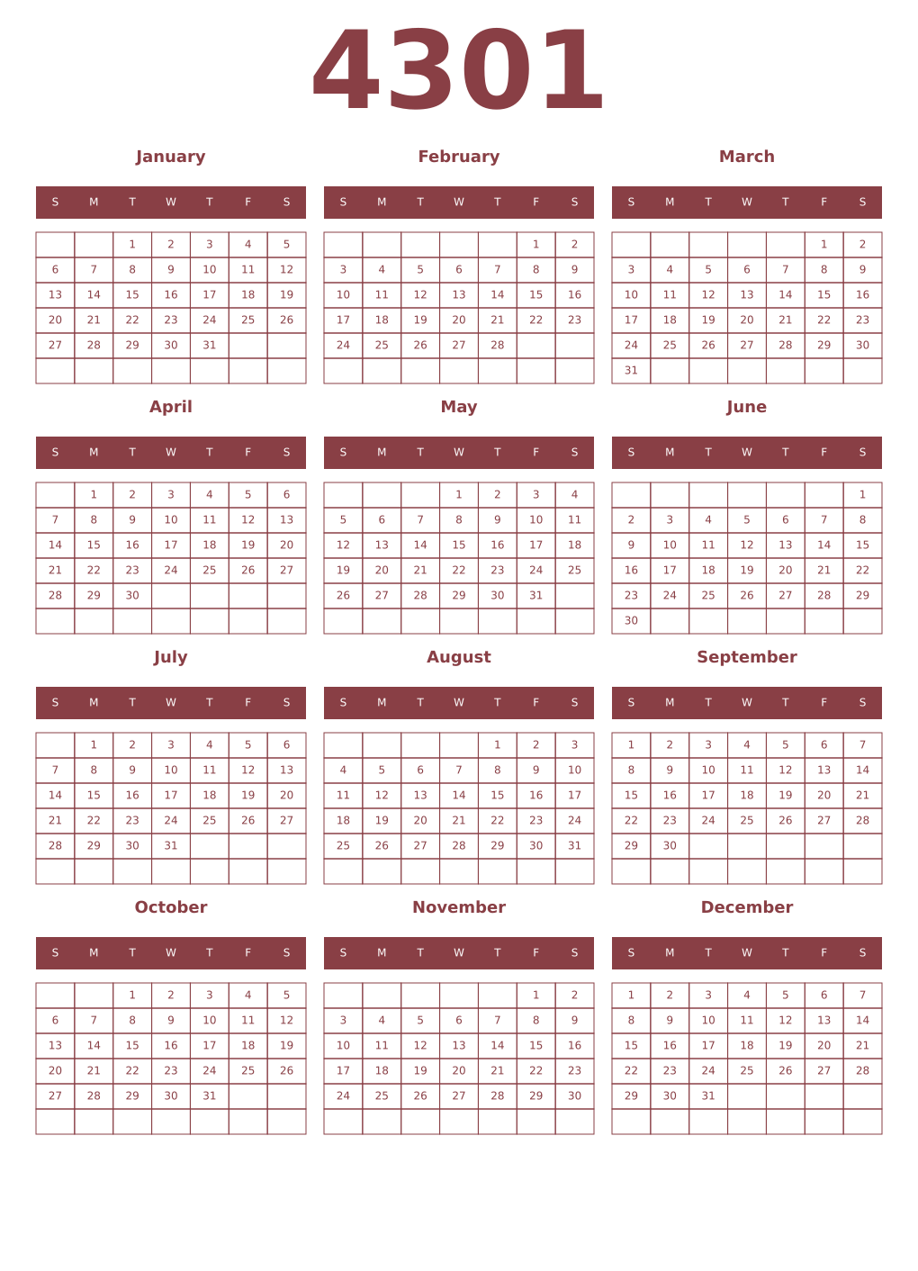 Printable 4301 Year Calendars cordovan