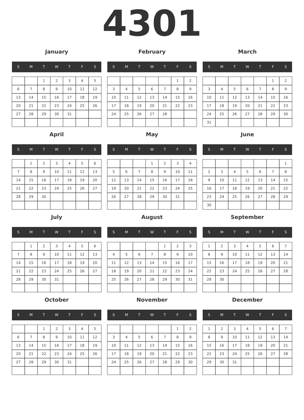 Printable 4301 Year Calendars dark