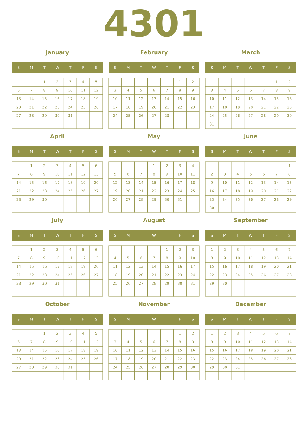 Printable 4301 Year Calendars eburnean