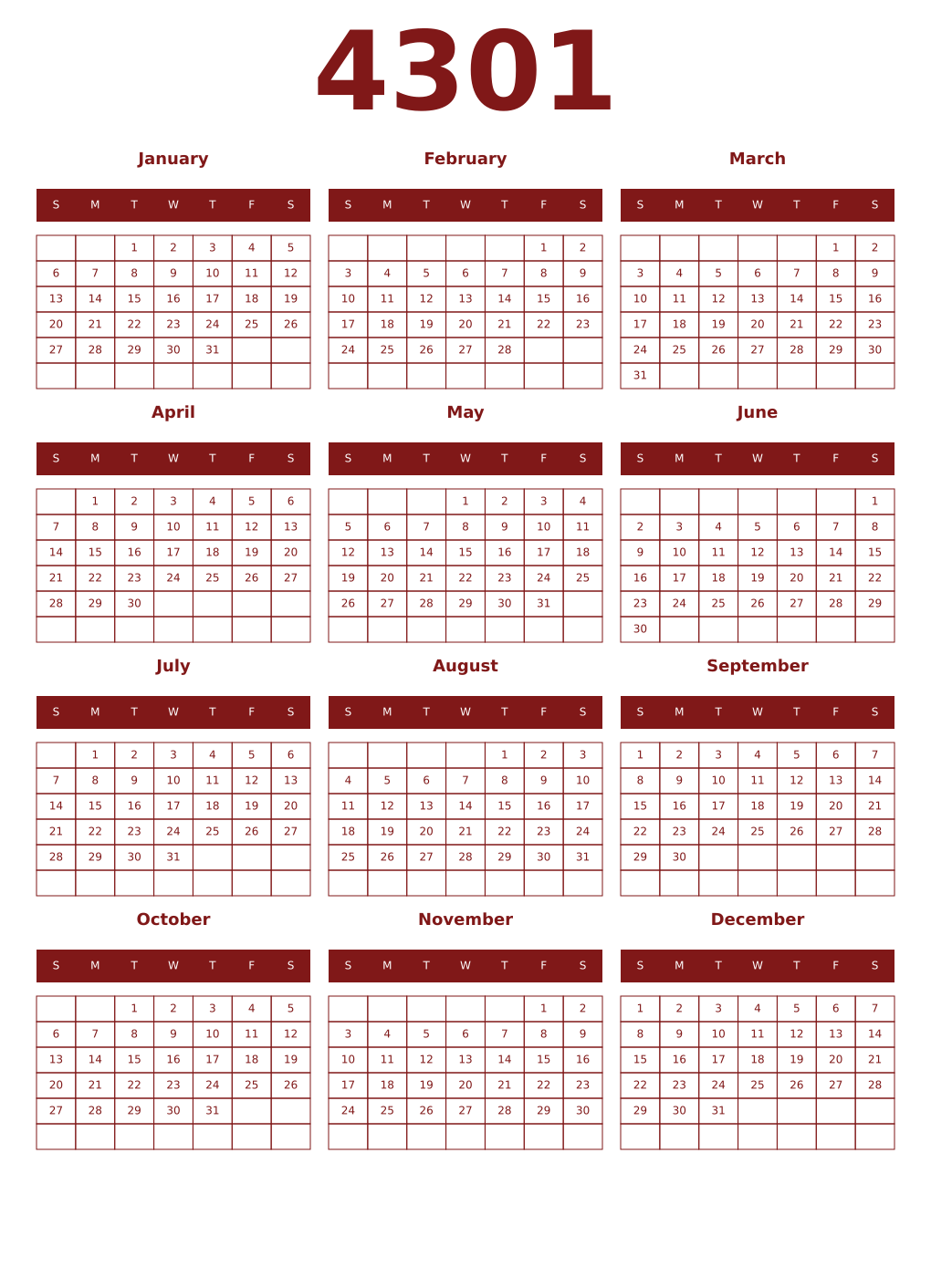 Printable 4301 Year Calendars falu