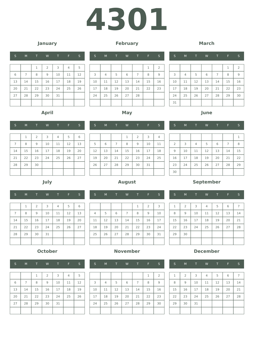 Printable 4301 Year Calendars feldgrau