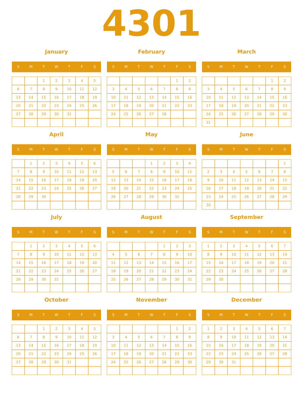 Printable 4301 Year Calendars gamboge
