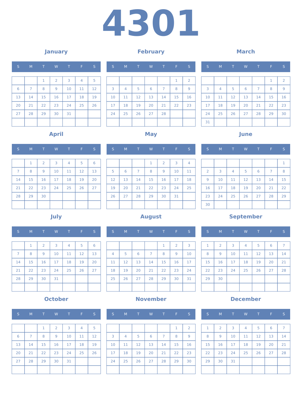 Printable 4301 Year Calendars glaucous