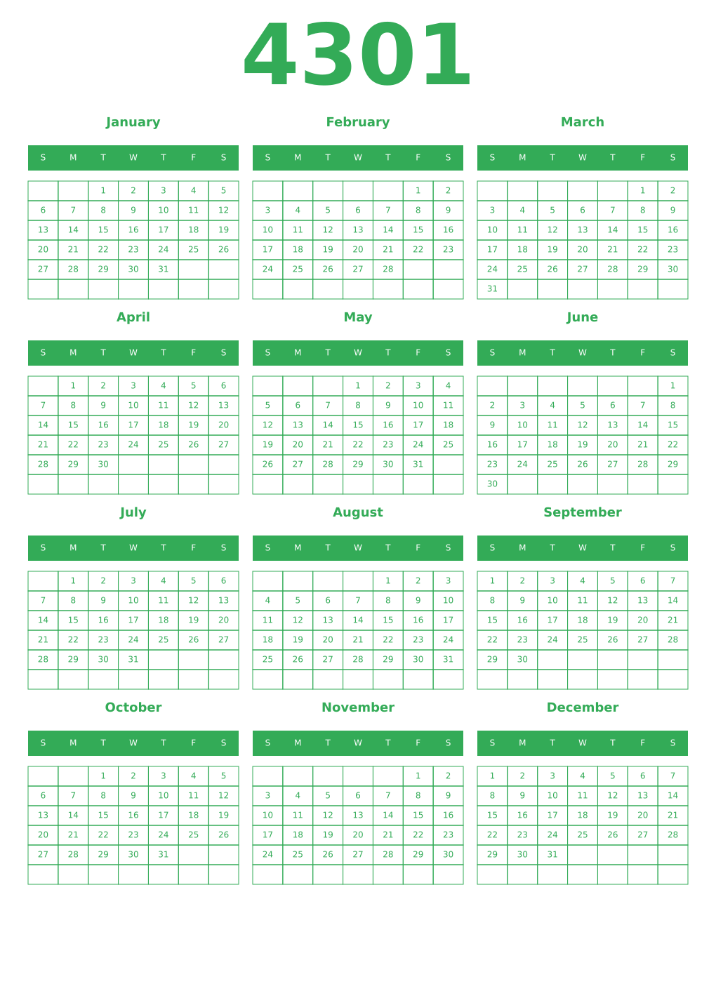 Printable 4301 Year Calendars green