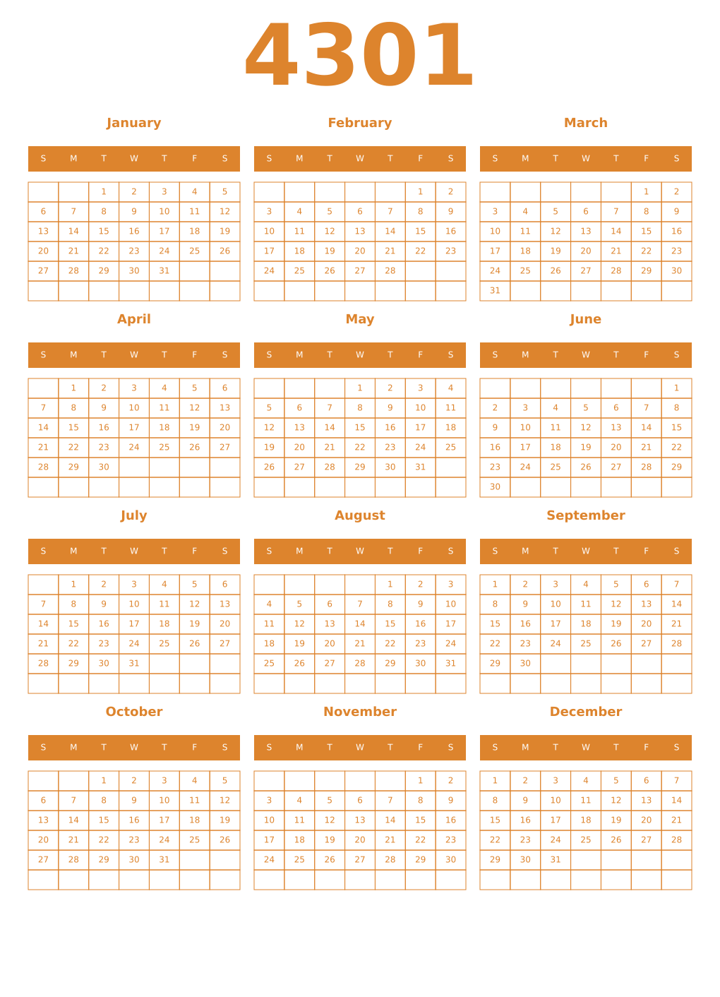 Printable 4301 Year Calendars orange