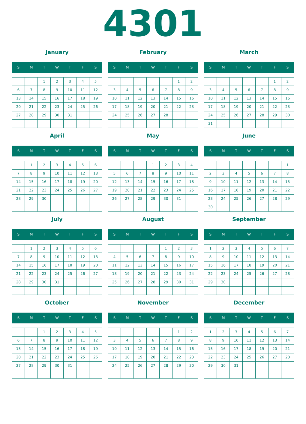 Printable 4301 Year Calendars pastel