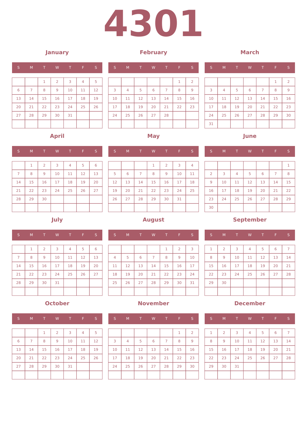 Printable 4301 Year Calendars puce
