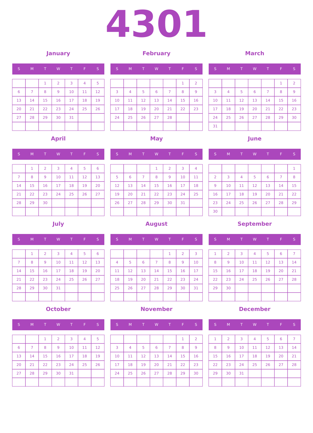 Printable 4301 Year Calendars purple