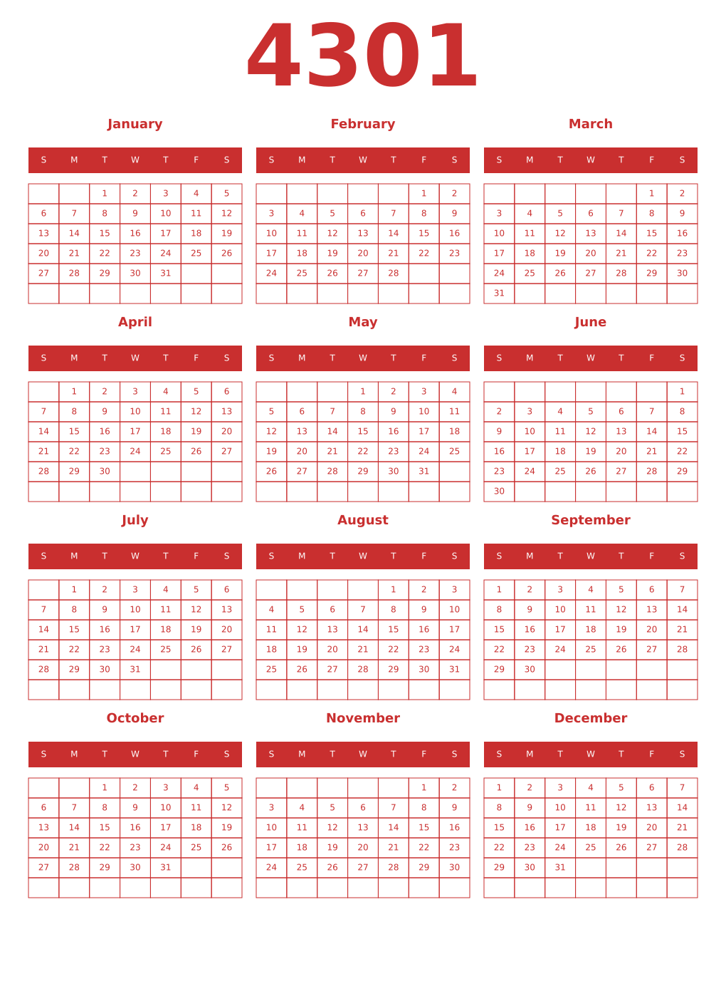 Printable 4301 Year Calendars red