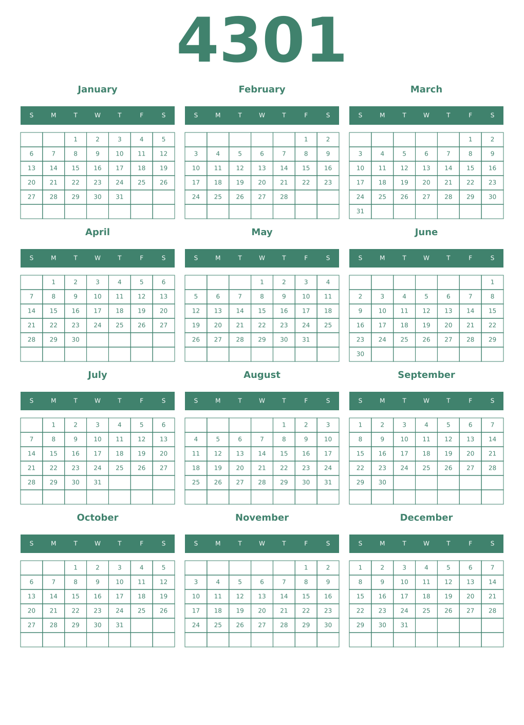Printable 4301 Year Calendars viridian