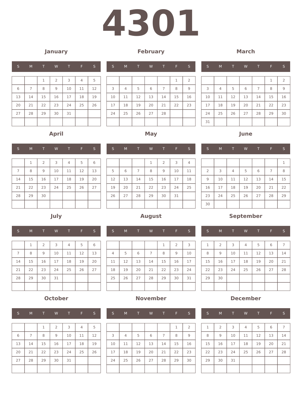 Printable 4301 Year Calendars wenge