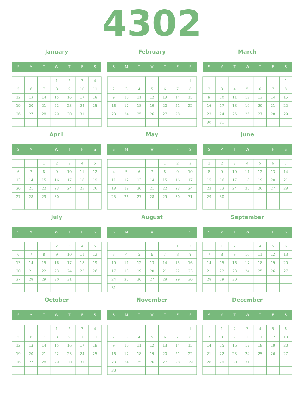 Printable 4302 Year Calendars celadon