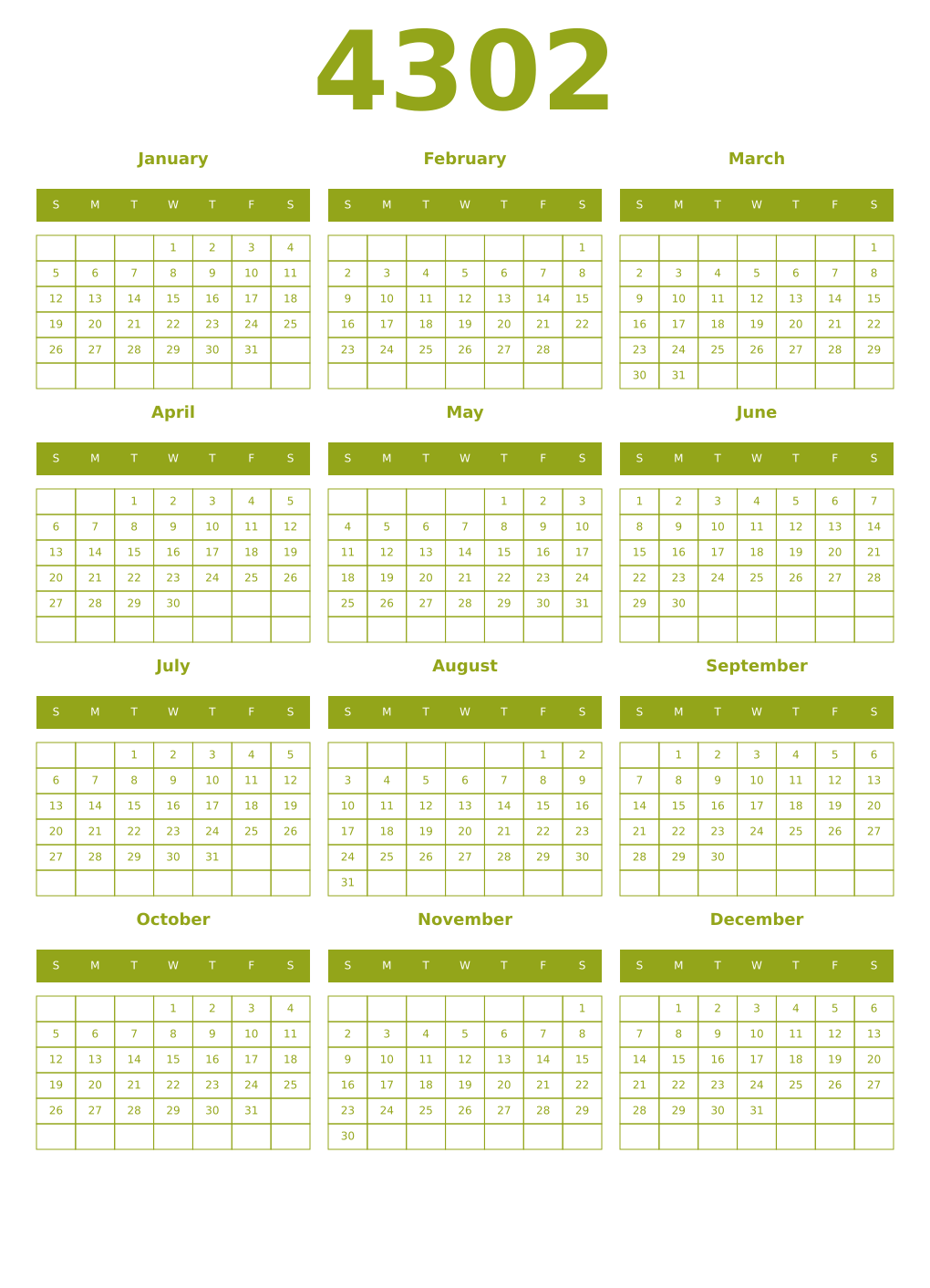 Printable 4302 Year Calendars chartreuse