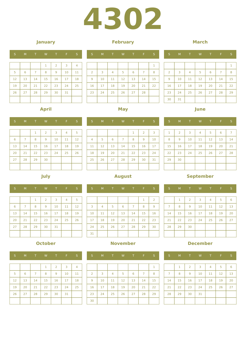 Printable 4302 Year Calendars eburnean