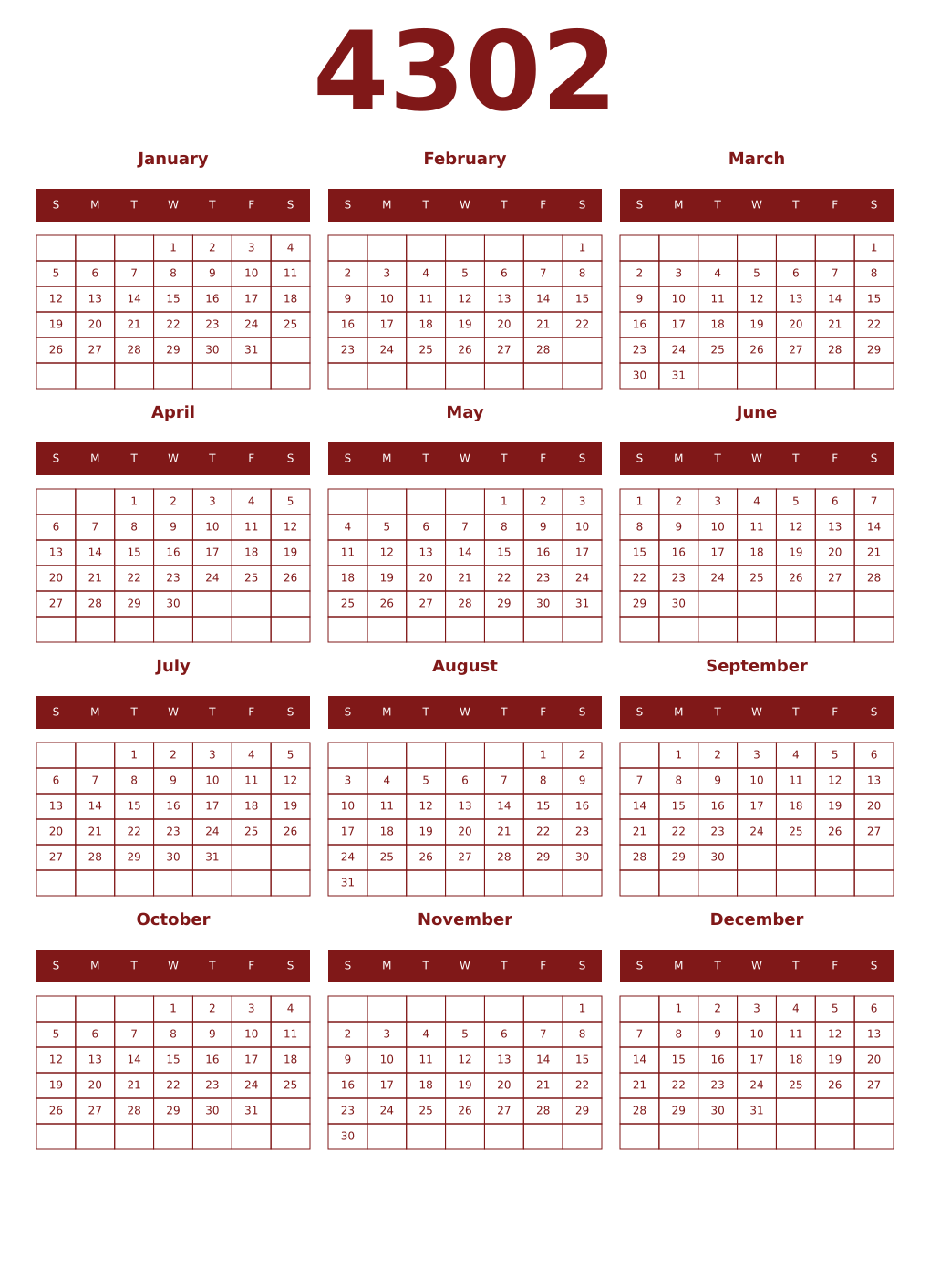 Printable 4302 Year Calendars falu