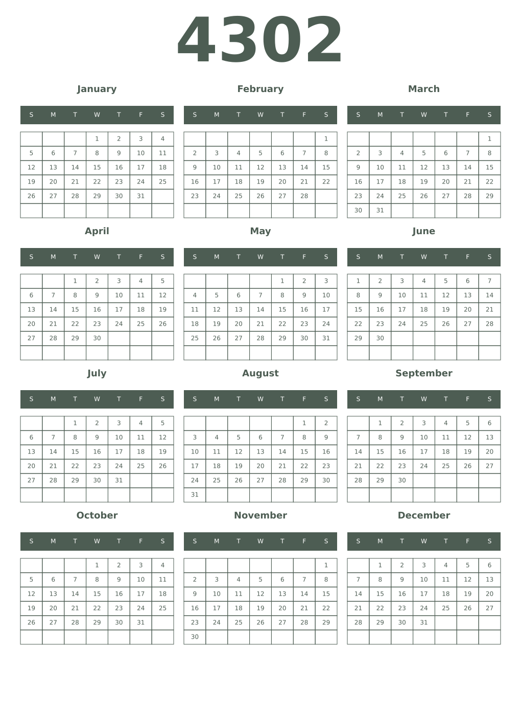 Printable 4302 Year Calendars feldgrau