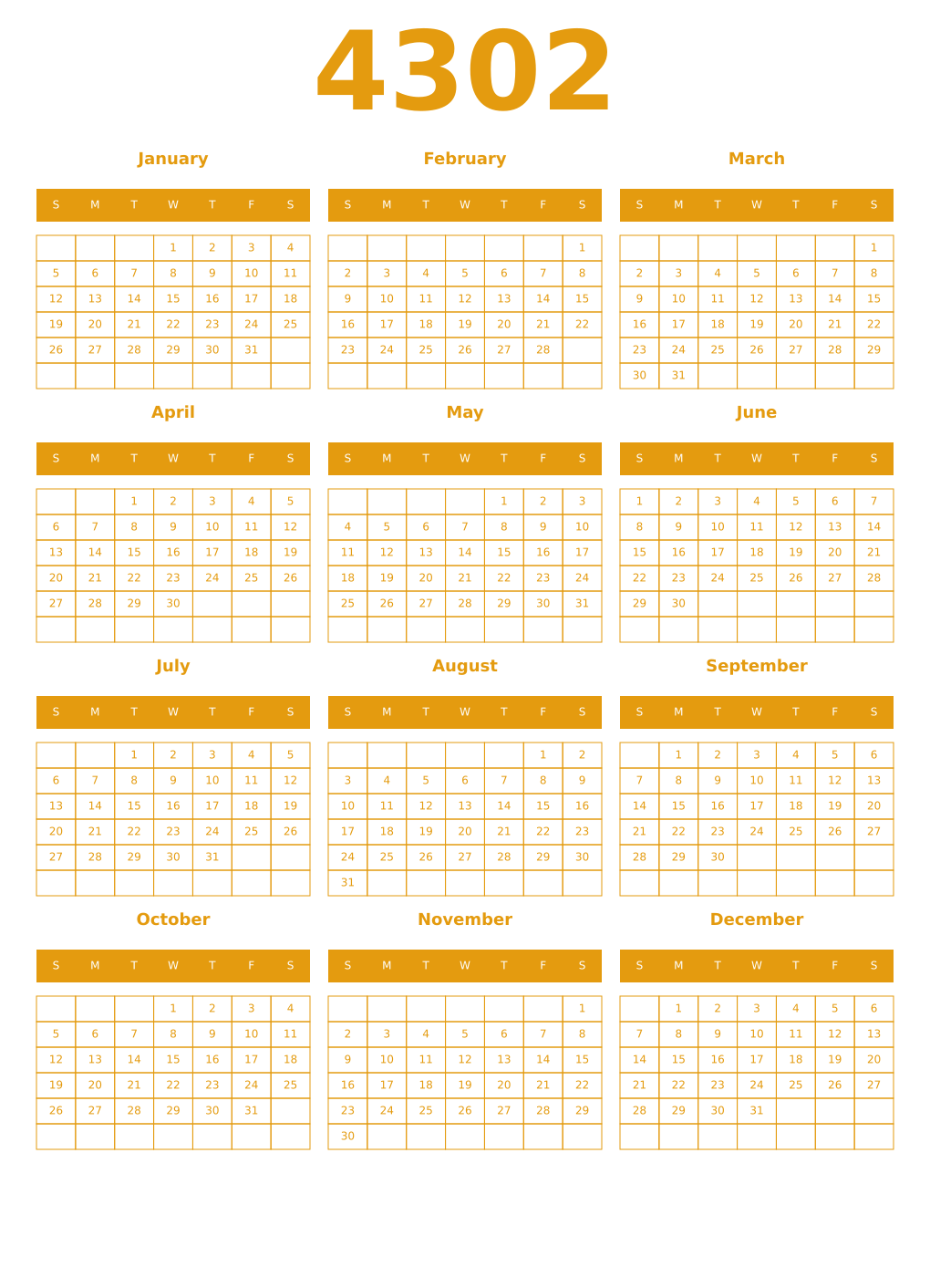 Printable 4302 Year Calendars gamboge