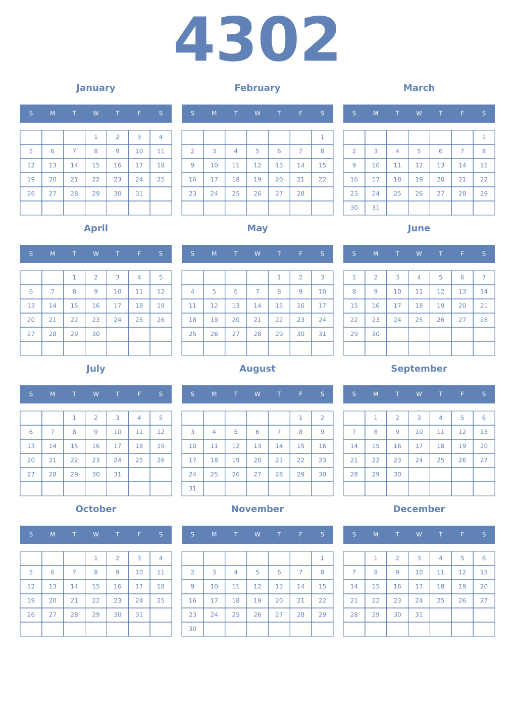 Printable 4302 Year Calendars glaucous