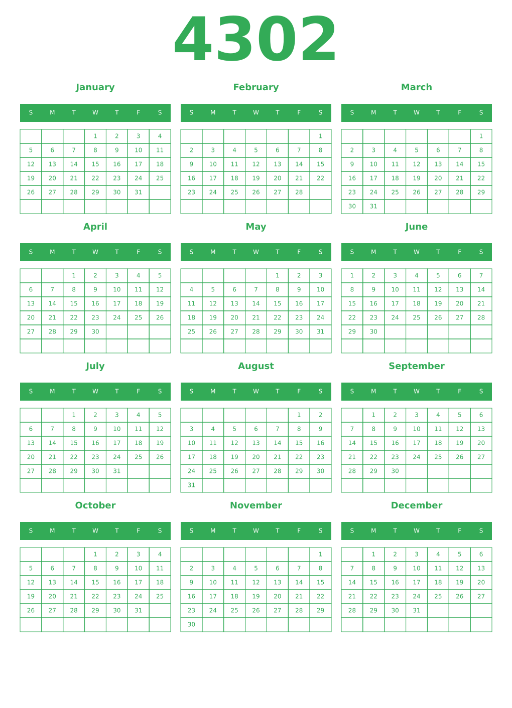 Printable 4302 Year Calendars green