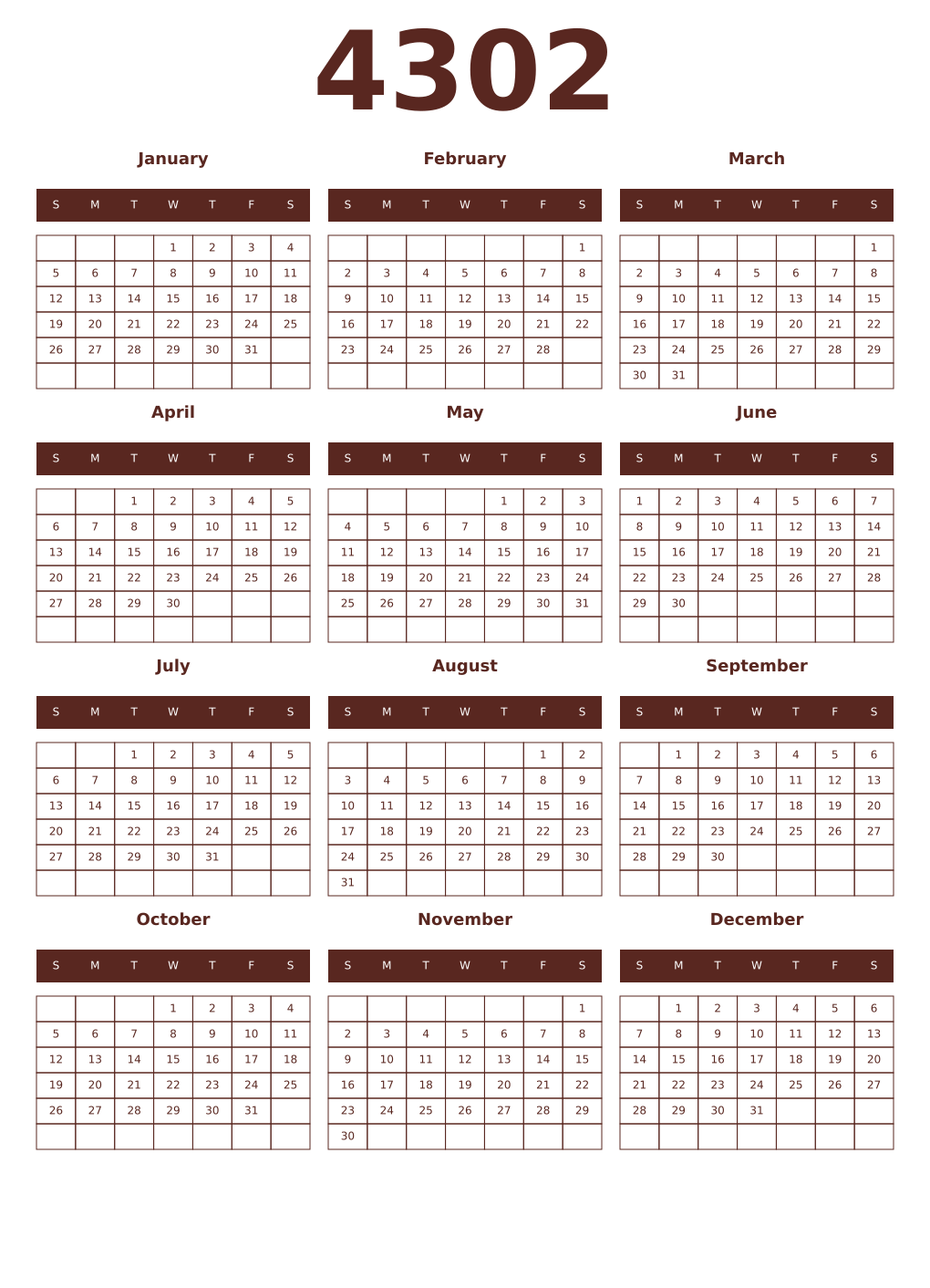 Printable 4302 Year Calendars mortuum