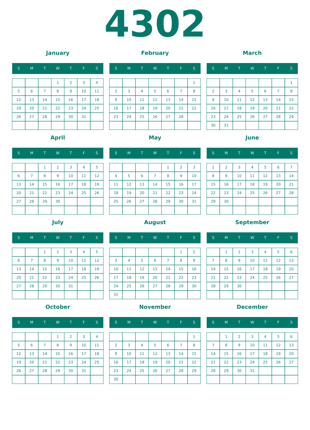 Printable 4302 Year Calendars pastel