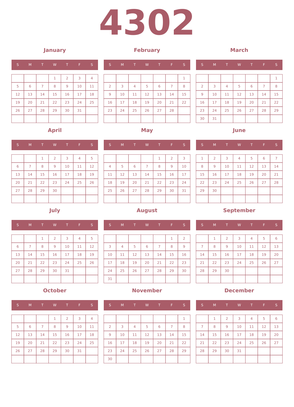 Printable 4302 Year Calendars puce