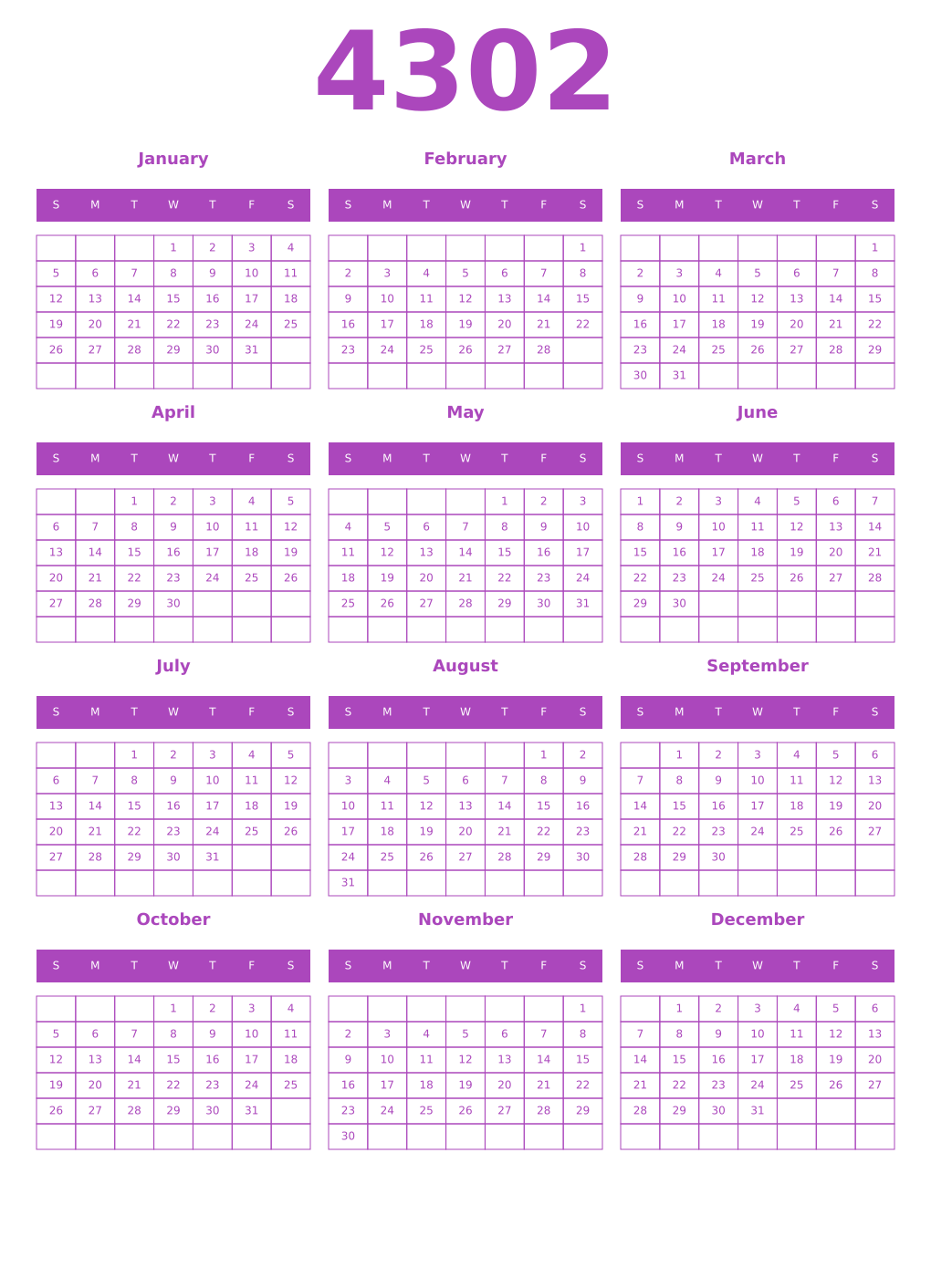 Printable 4302 Year Calendars purple