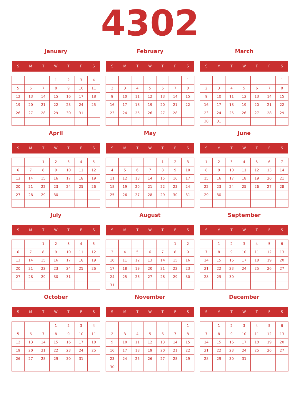 Printable 4302 Year Calendars red