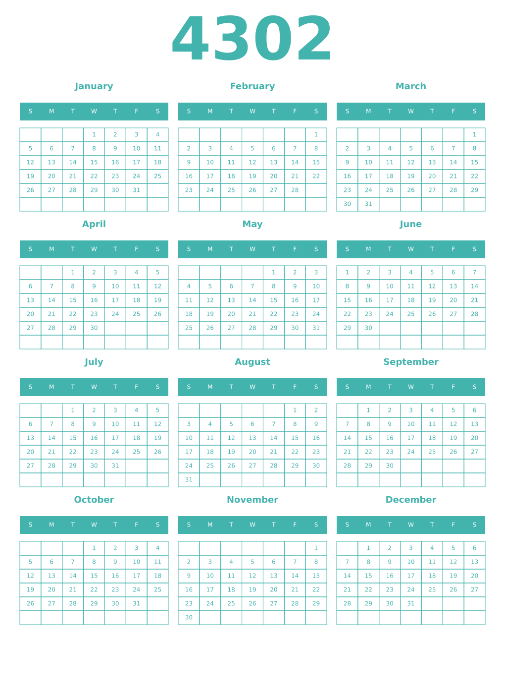 Printable 4302 Year Calendars verdigris