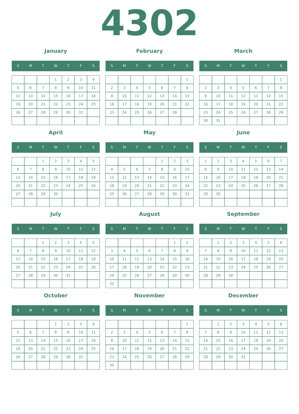 Printable 4302 Year Calendars viridian