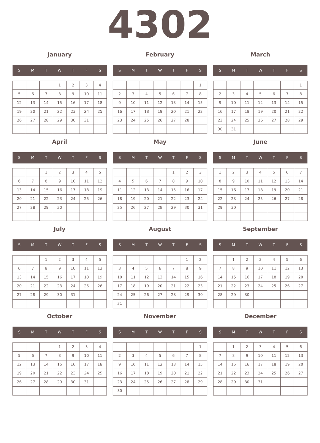 Printable 4302 Year Calendars wenge