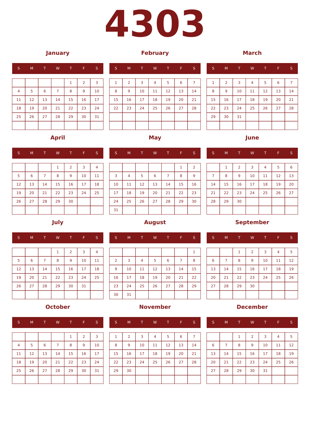Printable 4303 Year Calendars falu