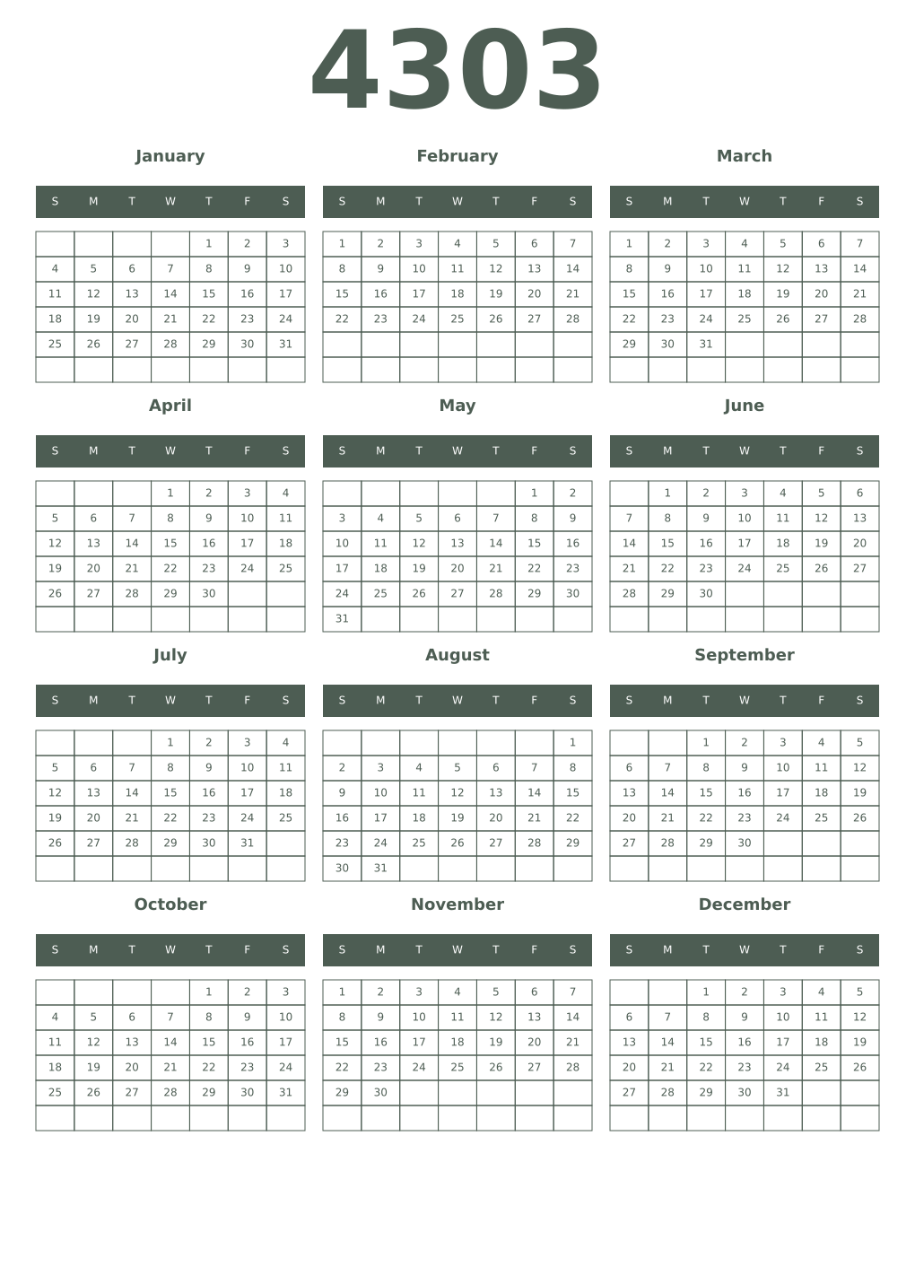 Printable 4303 Year Calendars feldgrau