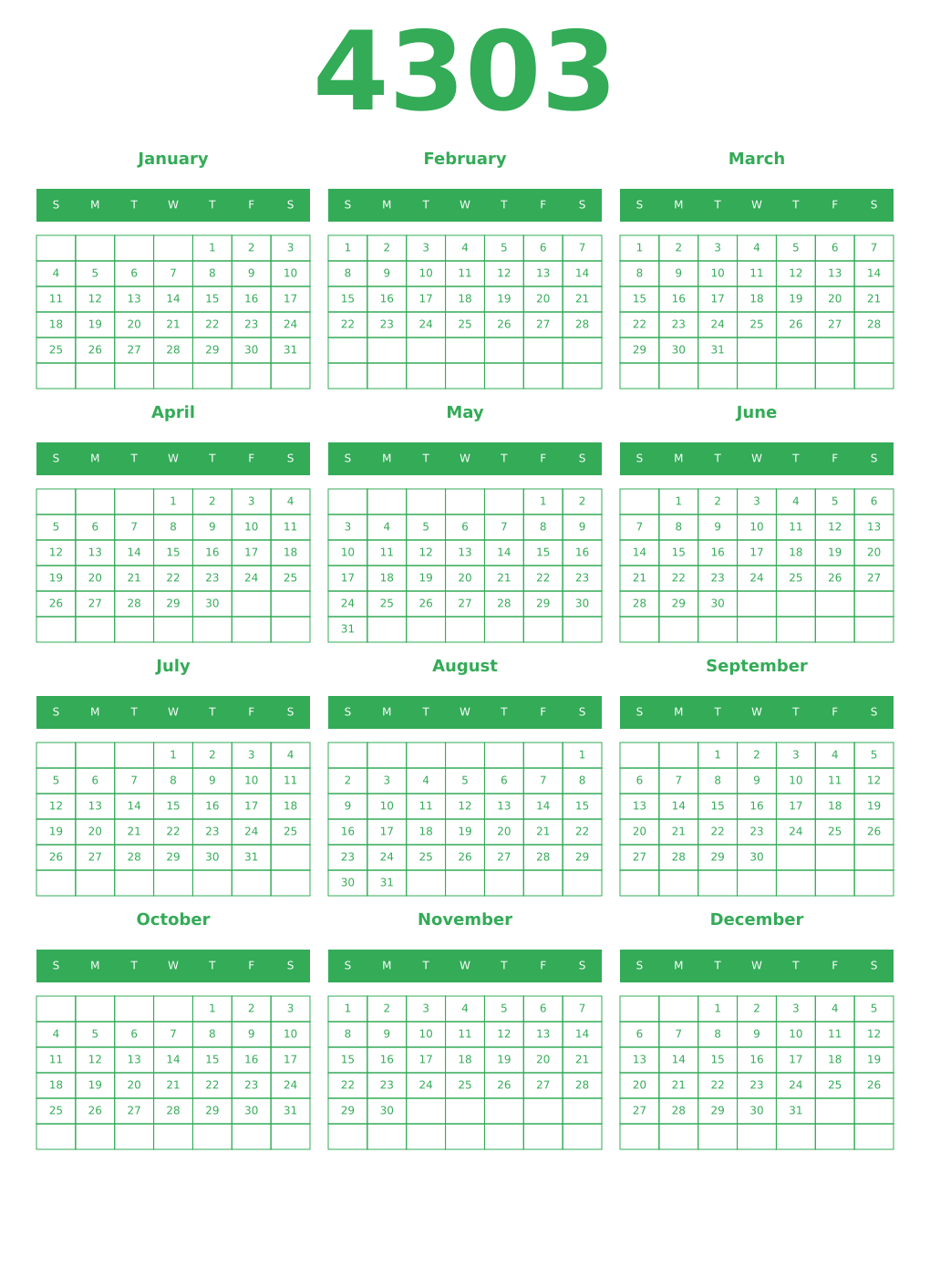 Printable 4303 Year Calendars green