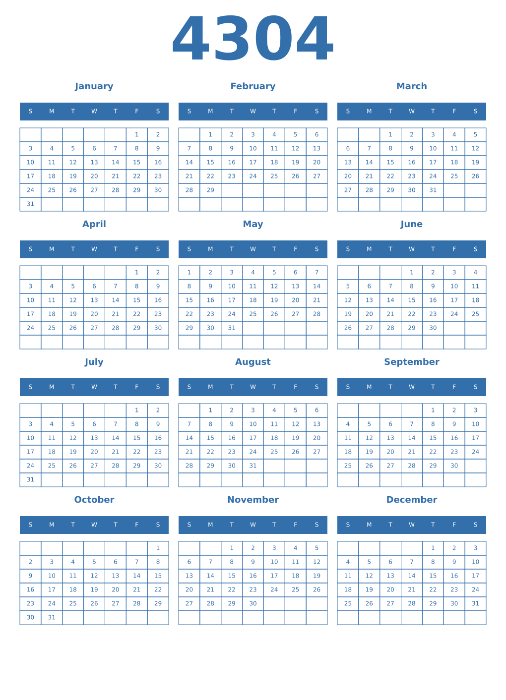 Printable 4304 Year Calendars blue