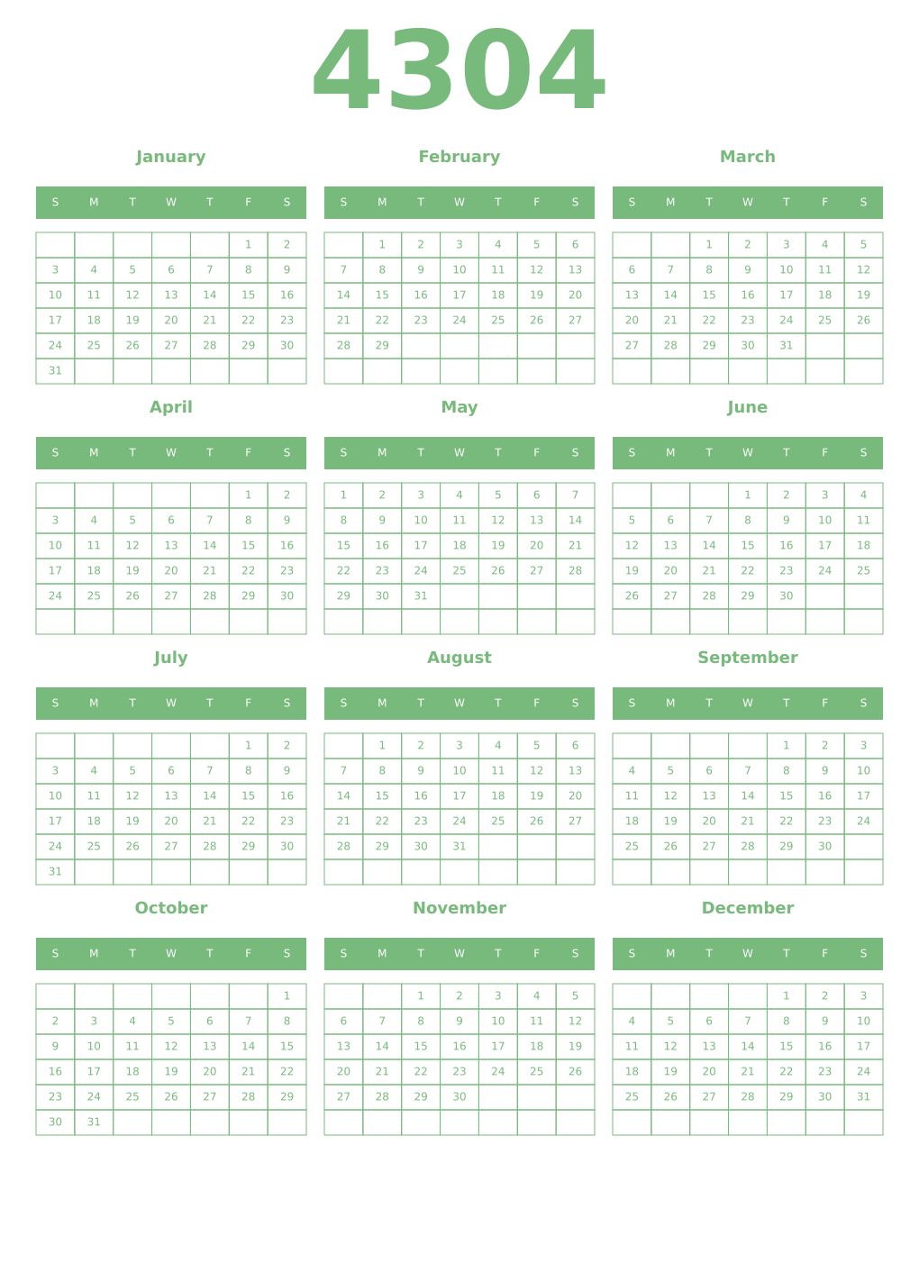 Printable 4304 Year Calendars celadon