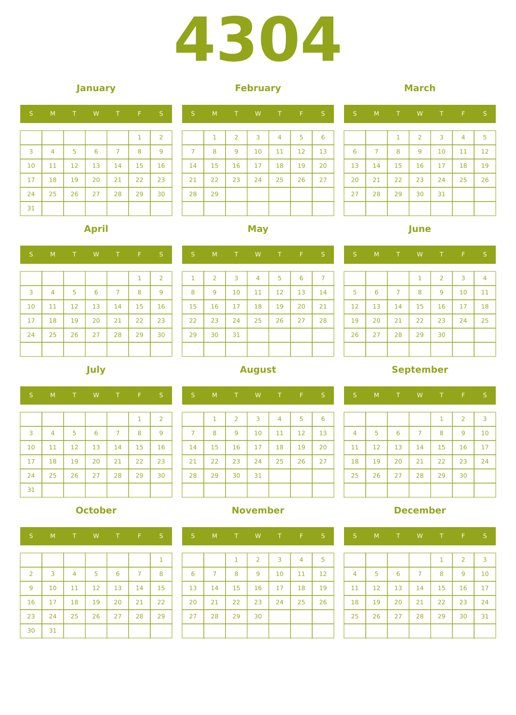 Printable 4304 Year Calendars chartreuse