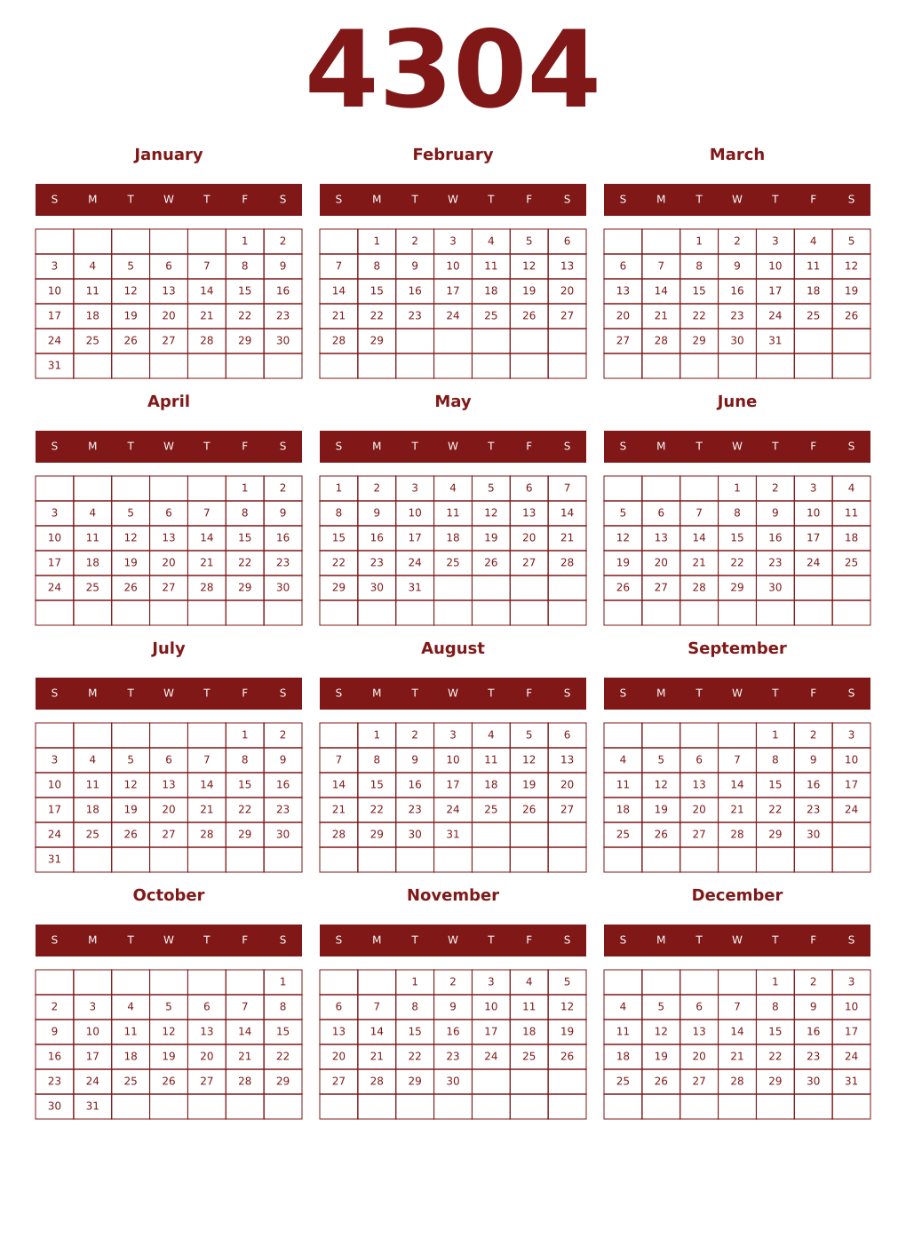 Printable 4304 Year Calendars falu