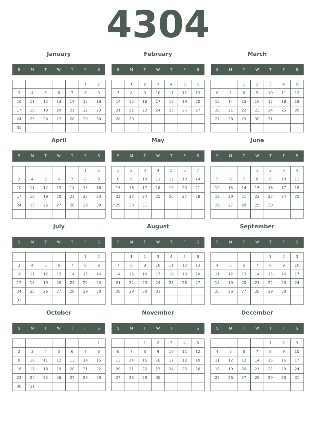 Printable 4304 Year Calendars feldgrau