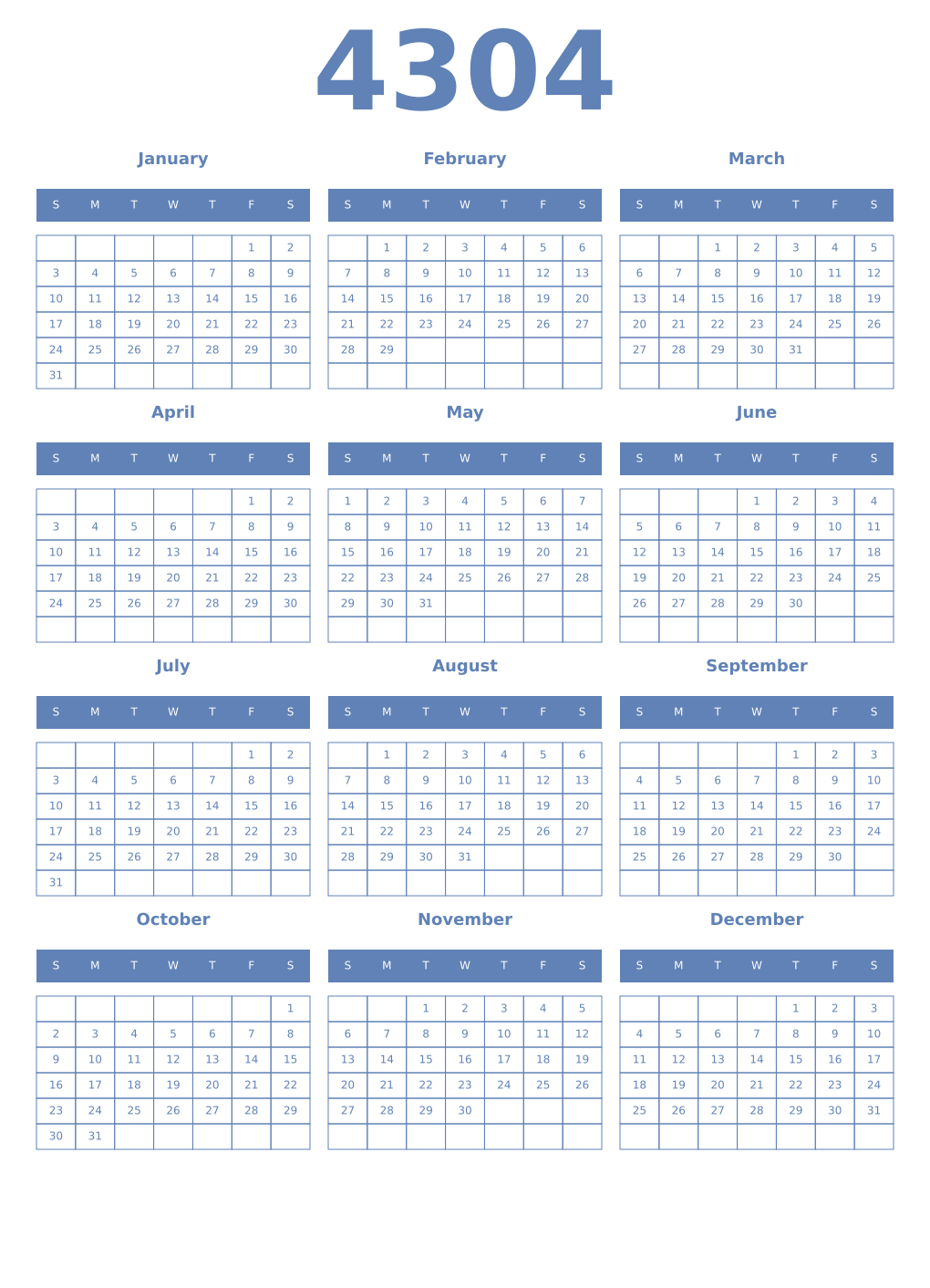 Printable 4304 Year Calendars glaucous