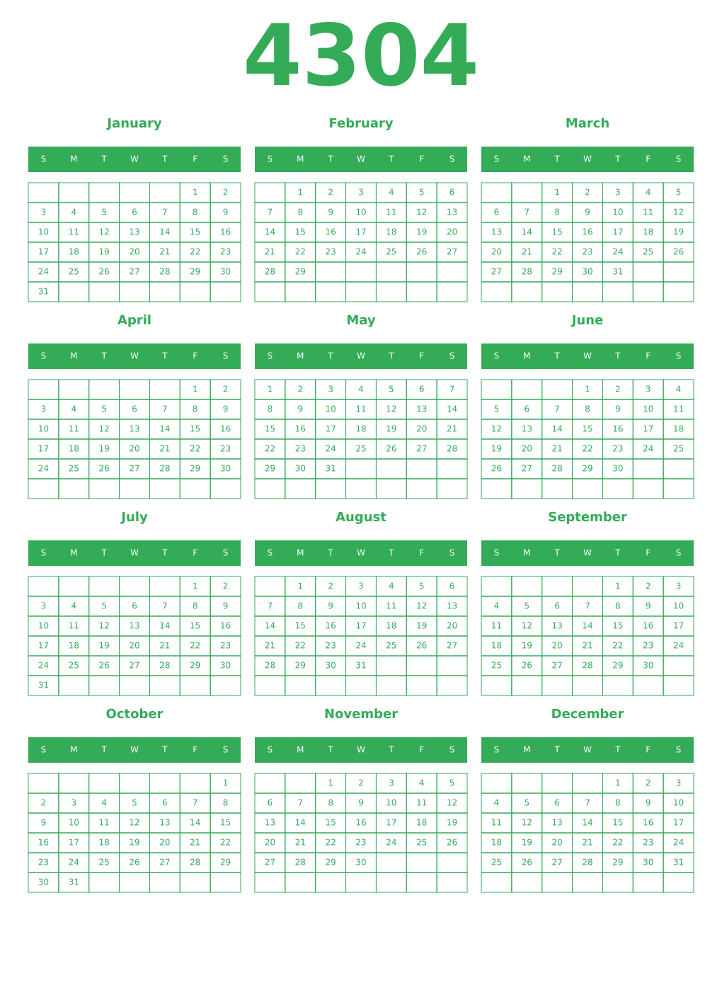 Printable 4304 Year Calendars green