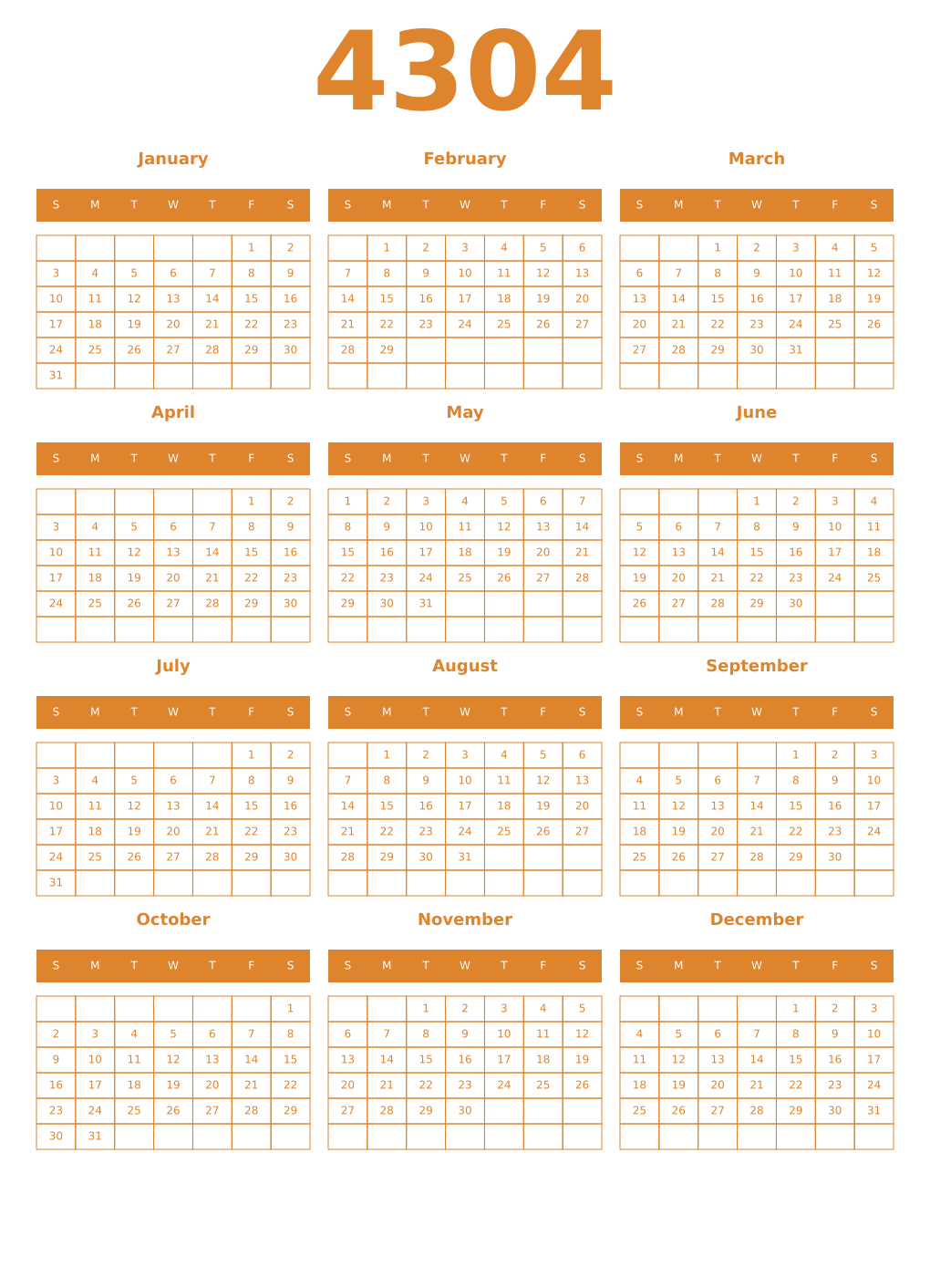 Printable 4304 Year Calendars orange