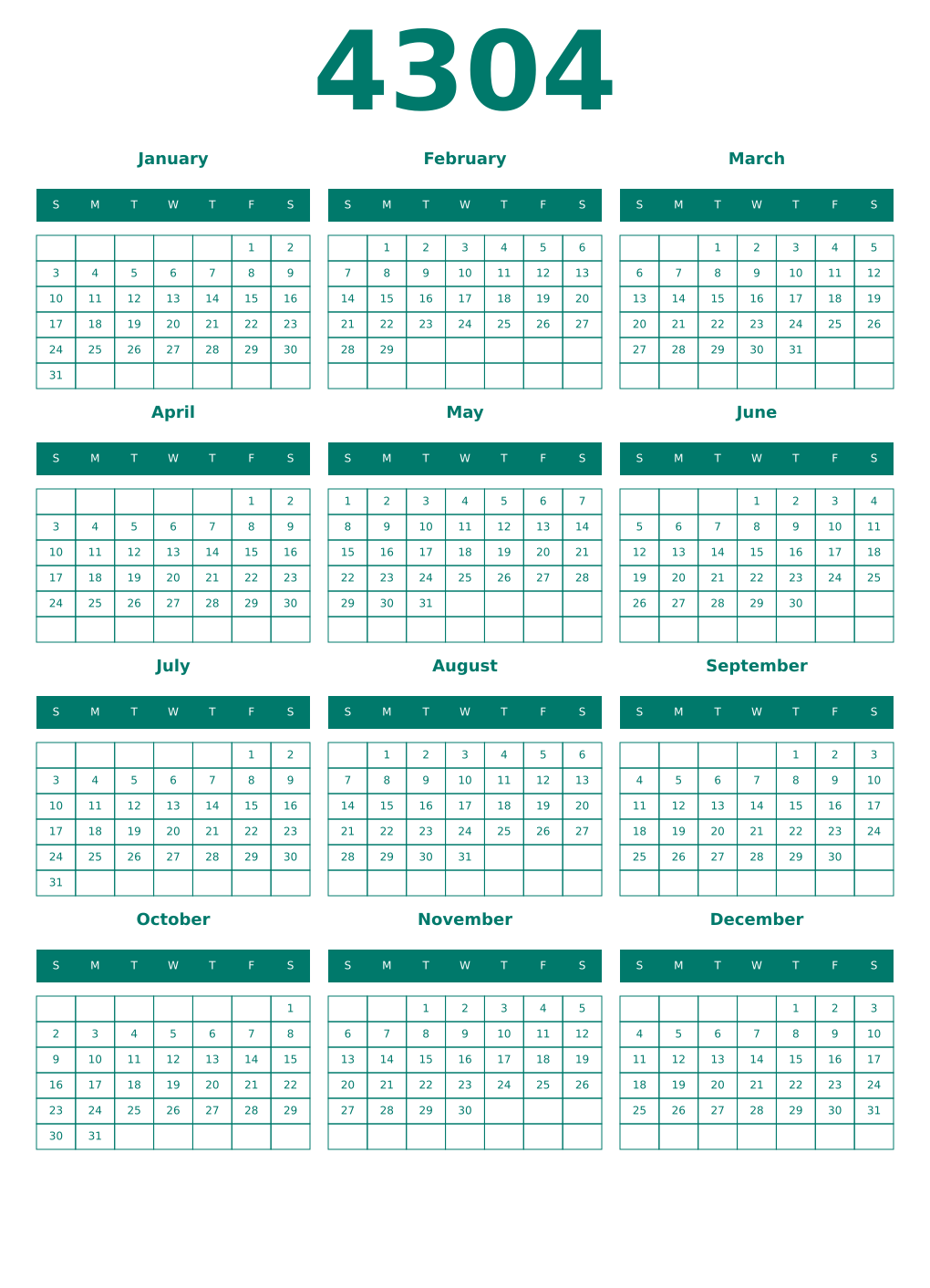 Printable 4304 Year Calendars pastel