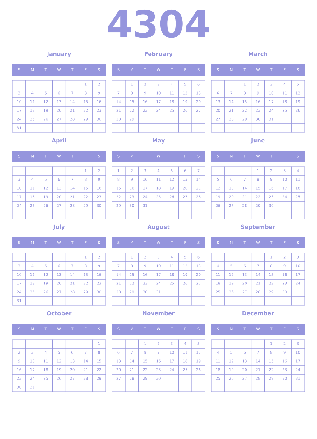 Printable 4304 Year Calendars periwinkle
