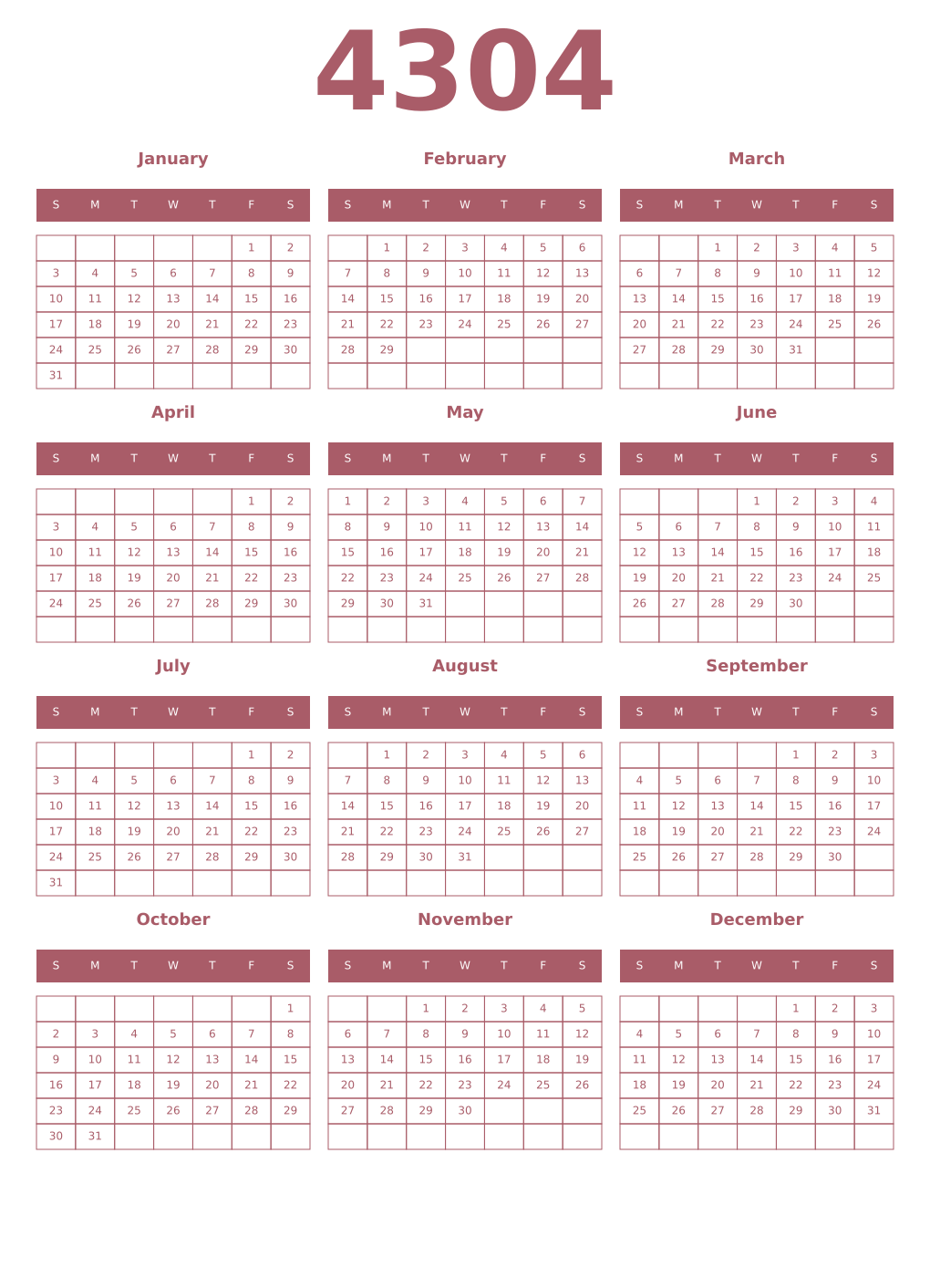 Printable 4304 Year Calendars puce